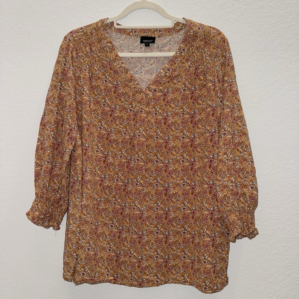 Jones&co Womens Sz 1X Floral Blouse Long Sleeve Floral Smoked Casual 100% Rayon